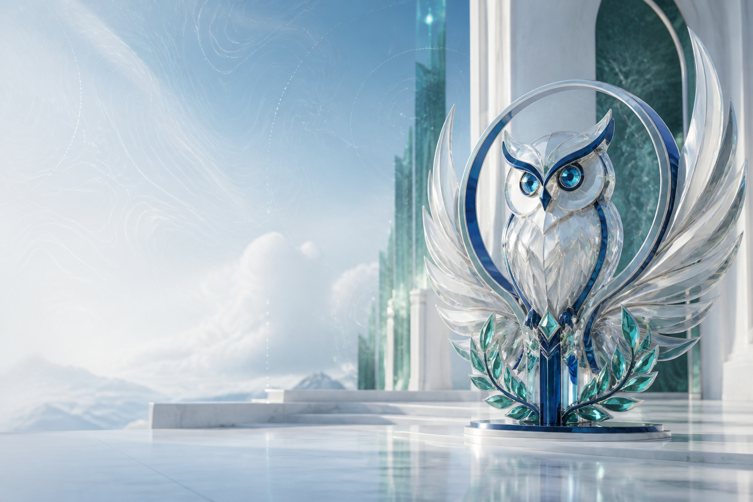 A crystal owl emblem in a luminous white, blue and emerald national hall